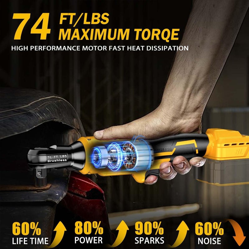 LITEKON Cordless Ratchet Wrench Set Compatible with𝗗𝗘-𝗪𝗔𝗟𝗧 20V Max Battery (No Battery) - 74Ft-lbs 650 RPM High Power 3/8-inch Brushless Electric Power Ratchet Wrench Tool with LED Light - Image 2